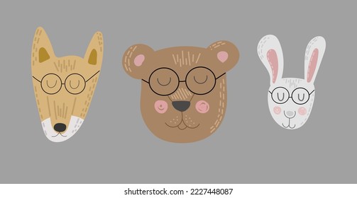 Set of cute funny animals faces or heads wearing glasses. bunny. Funny doodle animals. Bear, fox and rabbit in cartoon style. Isolated on gray background. Colorful hand drawn vector illustration.
