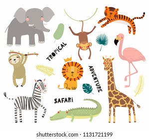 Set of cute funny animals flamingo, sloth, crocodile, elephant, giraffe, lion, tiger, monkey, zebra. Isolated objects on white. Vector illustration Scandinavian style design Concept kids print