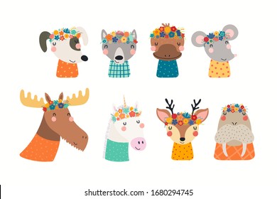 Set with cute funny animals in flower crowns and shirts. Hand drawn vector illustration. Isolated objects on white background. Scandinavian style flat design. Concept for children spring, summer print