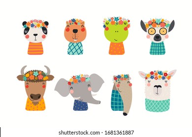 Set with cute funny animals in flower crowns and shirts. Hand drawn vector illustration. Isolated objects on white background. Scandinavian style flat design. Concept for children spring, summer print