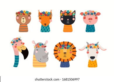 Set with cute funny animals in flower crowns and shirts. Hand drawn vector illustration. Isolated objects on white background. Scandinavian style flat design. Concept for children spring, summer print