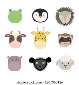 Set of cute funny animals frog, sheep, cow, giraffe, weasel, hippo, hedgehog, penguin, indri. Isolated objects on white . Vector illustration.