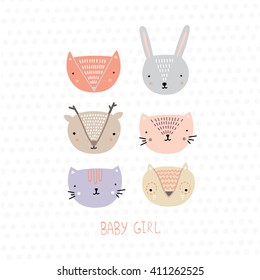 Set of cute funny animals for girl