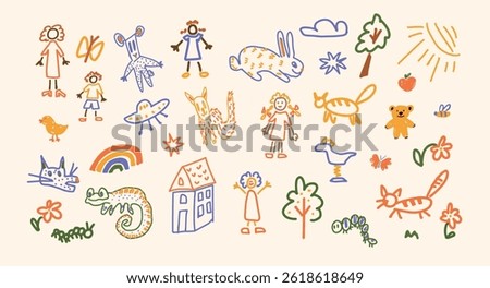 Set of Cute Funny Animals including Cat Dog Mouse Rabbit Squirrel Chameleon Caterpillar drawn by Child. Colorful Stars Doodles. Flat Hand Drawn Vector Illustration Isolated on White Background
