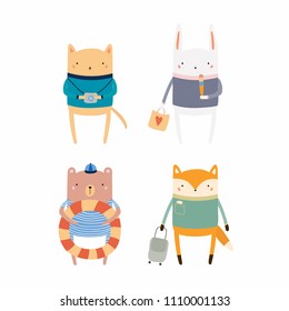 Set of cute funny animals on summer holidays. Isolated objects. Hand drawn vector illustration. Scandinavian style flat design. Concept for children print.