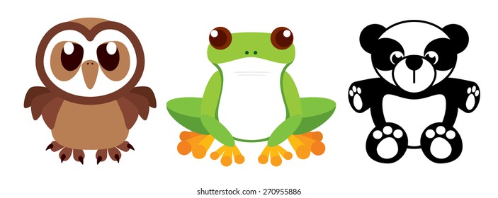 Set of the cute and funny animals. Owl, frog and panda.