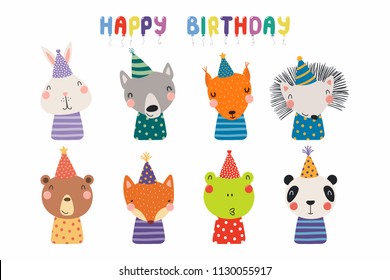 Conjunto de lindos animales graciosos en el oso de fiesta, panda, conejito, lobo, rana, zorro, erizo, ardilla. Objetos aislados en blanco. Ilustración vectorial. Diseño de estilo escandinavo. Impresión de cumpleaños de los niños