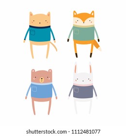 Set of cute funny animals in sweaters. Isolated objects. Hand drawn vector illustration. Scandinavian style flat design. Concept for children print.