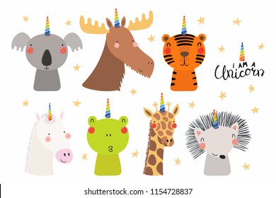 Set of cute funny animals with unicorn horns, quote I am a unicorn . Isolated objects on white background. Hand drawn vector illustration. Scandinavian style flat design. Concept for children print.