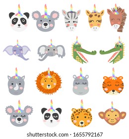 Eine Reihe süßer, lustiger Tiere mit unvergesslichen Hörnern, skandinavisches Flachdesign. Konzept für Kinder drucken.