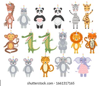 Set of cute funny animals with unicorn horns, Scandinavian style flat design. Concept for children print.