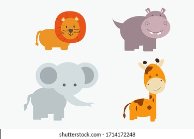 set of Cute funny animals vector illustration lion, Hippo, Elephant, Giraffe