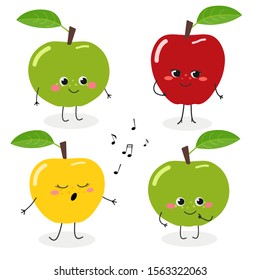 Set of cute funny apple cartoon characters in flat style. Vector illustration isolated on white background