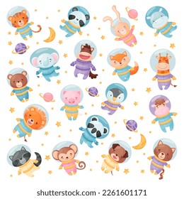 Eine Reihe süßer, lustiger Tierastronauten, die im Weltraum schwimmen. Adventables kleines Ferkel, Fuchs, Hippo, Bär, Tiger, Elefant, Welpe, Affe, Panda-Zeichen in der Cartoon-Vektorgrafik