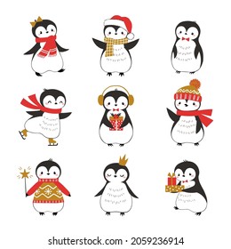  Set of cute funny baby penguins isolated on white background for Christmas design.