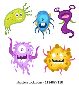 Set of cute funny bacterias (germs) in flat cartoon style isolated on white background. Good and bad microbes. Art vector illustration.