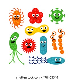 Set Of Cute Funny Bacterias (germs) In Flat Cartoon Style Isolated On White Background. Good And Bad Microbes. Art Vector Illustration.