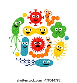 Set Of Cute Funny Bacterias (germs) In Flat Cartoon Style Isolated On White Background. Round Composition. Good And Bad Microbes. Art Vector Illustration.