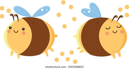 Set of cute funny bees from different angles on a transparent background with honeycombs