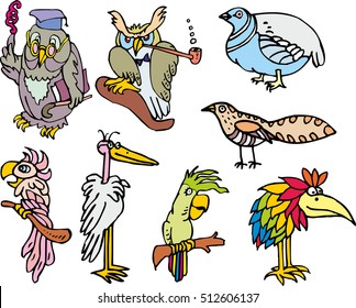 Set of cute funny birds. Cartoon sketches including owls, parrots, paradise bird, stork and partridge bird.