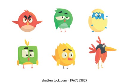 Set of Cute Funny Birds, Colorful Little Birdies with Funny Faces Cartoon Vector Illustration