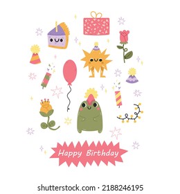 set of cute funny birthday icons. party celebration.cute characters like a star, a toad, a cake, a gift. carnival festive items kawaii style. isolated on white background. vector Illustration