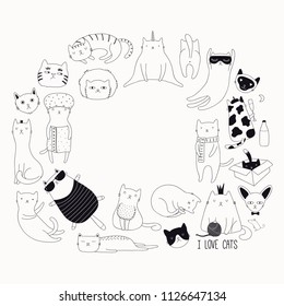 Set of cute funny black and white doodles of different cats. Round frame with copy space. Isolated objects. Hand drawn vector illustration. Line drawing. Design concept for poster, t-shirt print.