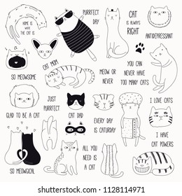 Set of cute funny black and white doodles of different cats and quotes. Isolated objects. Hand drawn vector illustration. Line drawing. Design concept for poster, t-shirt, fashion print.