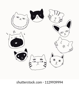 Set of cute funny black and white doodles of different cats faces. Round frame with copy space. Isolated objects. Hand drawn vector illustration. Line drawing. Design concept for poster, t-shirt print