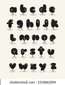 Juego de lindos y divertidos negros en forma de letras.  Alfabeto de pájaro de caricatura para tipo creativo, afiches para niños, elementos de diseño.
