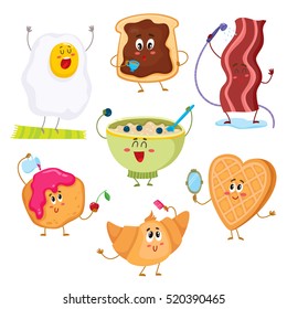 Set of cute and funny breakfast characters, cartoon vector illustration isolated on white background. Fried egg, bacon, croissant, cereal, toast with chocolate spread, waffle and donut characters