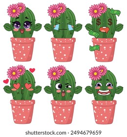 set of cute funny cactus in pots vector illustration