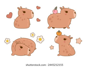 Set of cute and funny capybara characters. Cute capybara animal character rodent. Vector illustration. Cute animals cartoon