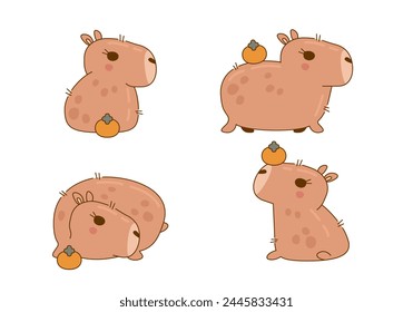 Set of cute and funny capybara characters. Cute capybara animal character rodent. Vector illustration. Cute animals cartoon