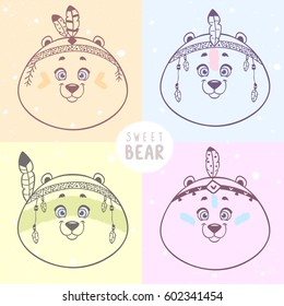 Set of cute and funny cartoon bear with feathers in ethnic style. Vector illustration