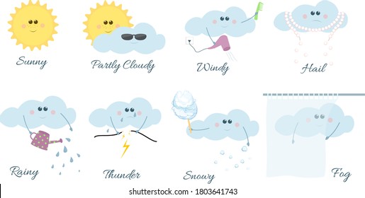 Set of cute and funny cartoon forecast icons: anthropomorphic clouds and suns which symbolize different weather conditions