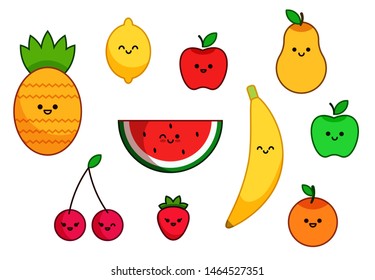 Set of cute funny cartoon fruits characters. Vegan and organic food. Fruit icons set isolated on white background.