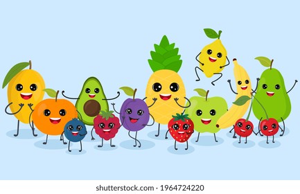 Set of cute funny cartoon fruits vegetable characters kawaii style isolated on blue background. Flat cartoon vector illustration.