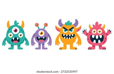 Set of cute and funny cartoon monster characters in bright colors, isolated on white background. Playful fantasy creatures with expressive faces, perfect for kids illustrations, games, stickers, posters, mobile apps, branding, education, and character design projects.