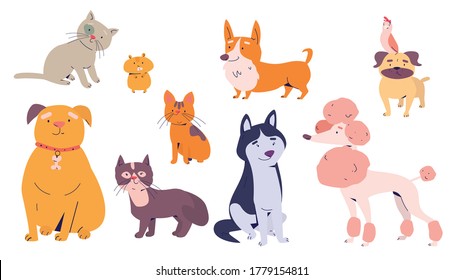 Set of cute and funny cartoon pet characters. Different poses of dogs and cats.