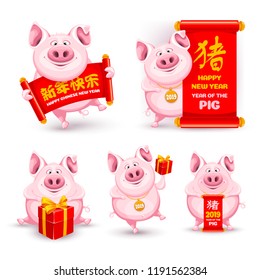 Set of cute and funny cartoon pigs. The symbol of the Chinese new 2019 year. Characters on scroll mean Happy New Year and Pig. Vector illustration. Isolated on white background.