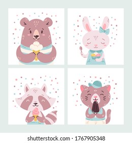 Set of cute funny cartoon summer animals. Bear, rabbit, raccoon and cat eating ice cream, licking popsicle, cone. Vector flat hand drawn illustration. Concept for children print. Isolated objects.