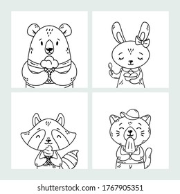 Set of cute funny cartoon summer animals. Bear, rabbit, raccoon and cat eating ice cream, licking popsicle, cone. Vector outline hand drawn illustration. Coloring pages. Black and white art.