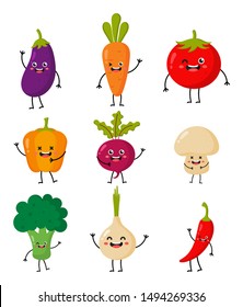 set of cute funny cartoon vegetable characters kawaii style icons isolated on white background. illustration vector.  