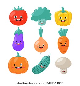 set of cute funny cartoon vegetable characters kawaii style icons isolated on white background. illustration vector.  