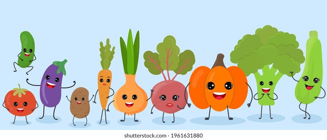 Set of cute funny cartoon vegetable characters kawaii style isolated on blue background. Beetroot, potato, cucumber, tomato, eggplant, zucchini,  carrot,  broccoli, pumpkin, onion.