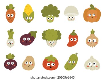 set of cute funny cartoon vegetable characters kawaii style icons isolated on white background. illustration vector.  