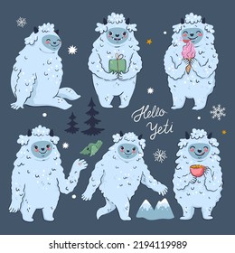 Set of cute funny cartoon yetis. Vector graphics.