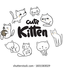 Set of cute funny cat, kitten illustration set