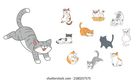 Set of cute funny cats activity such as hiding in the box, hissing, jumping, sleeping etc.